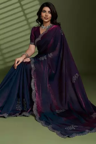Purple beads stones silk satin party sarees