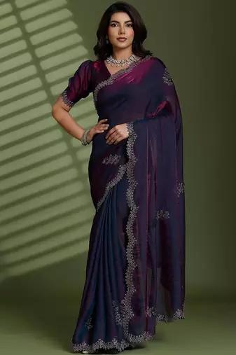 Purple beads stones silk satin party sarees