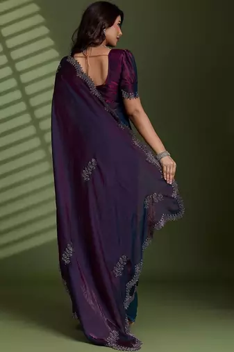 Purple beads stones silk satin party sarees