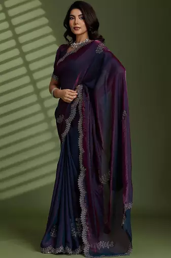 Purple beads stones silk satin party sarees