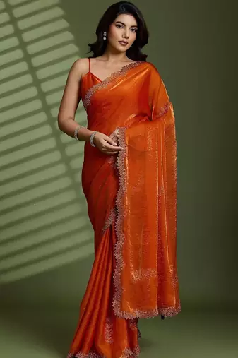 Rust beads stones silk satin party sarees