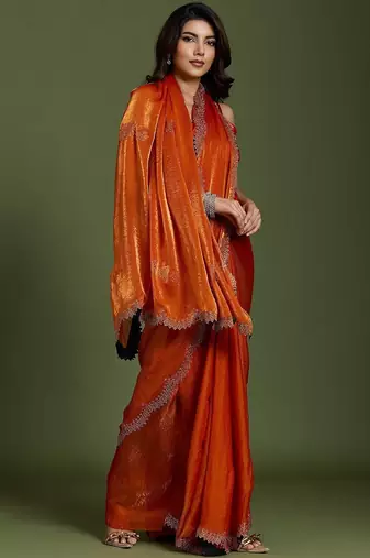 Rust beads stones silk satin party sarees