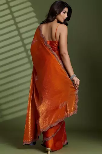 Rust beads stones silk satin party sarees