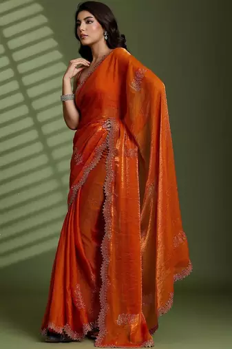 Rust beads stones silk satin party sarees