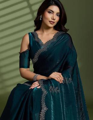 Green beads stones silk satin party sarees 1