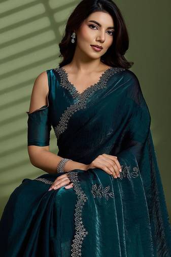 Green beads stones silk satin party sarees
