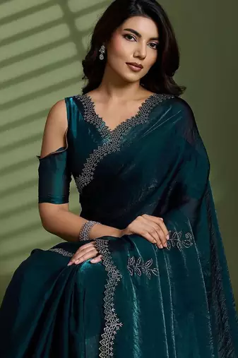 Green beads stones silk satin party sarees