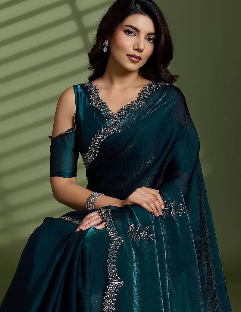 Green beads stones silk satin party sarees