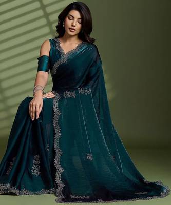 Green beads stones silk satin party sarees 2