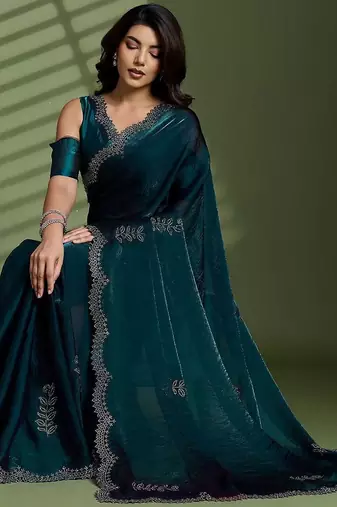 Green beads stones silk satin party sarees