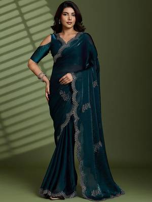 Green beads stones silk satin party sarees 3