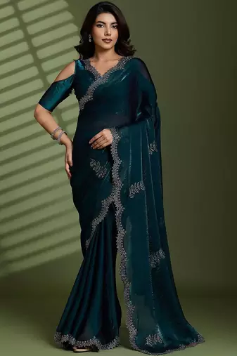 Green beads stones silk satin party sarees