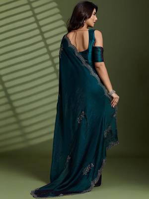 Green beads stones silk satin party sarees 4