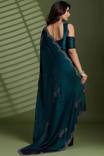 Green beads stones silk satin party sarees