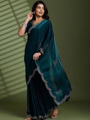 Green beads stones silk satin party sarees 5