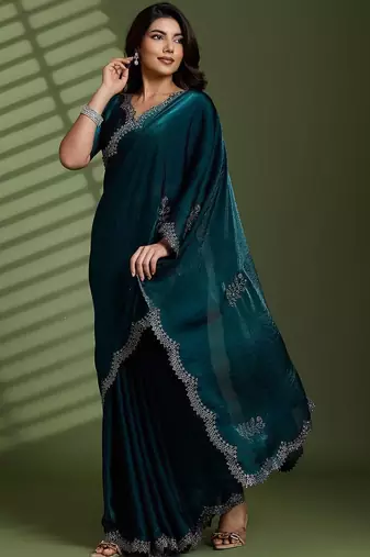 Green beads stones silk satin party sarees