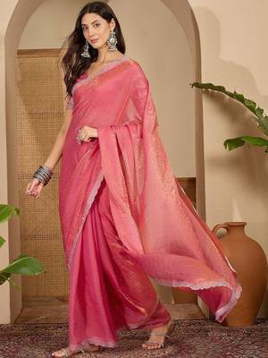 Pink embellished embroidered satin saree 1