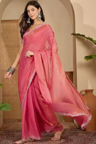 Pink embellished embroidered satin saree