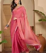 Pink embellished embroidered satin saree