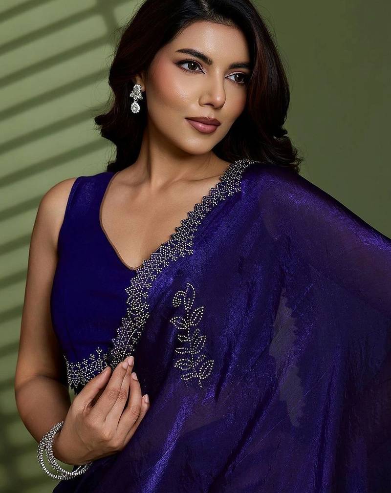 Purple floral beads and stones tissue designer saree