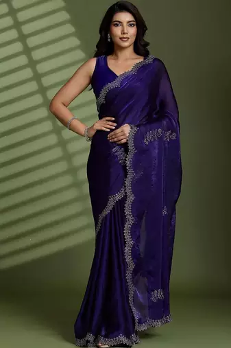 Purple floral beads and stones tissue designer saree