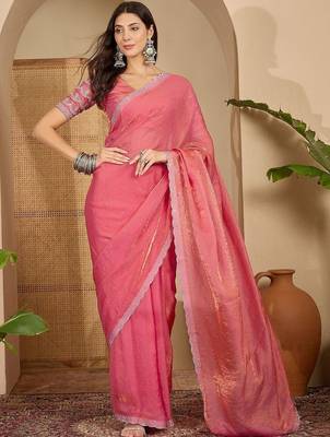 Pink embellished embroidered satin saree 3