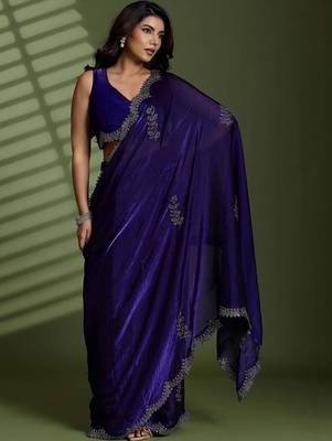 Purple floral beads and stones tissue designer saree 5