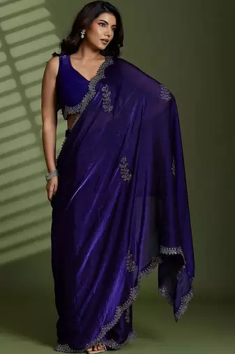 Purple floral beads and stones tissue designer saree