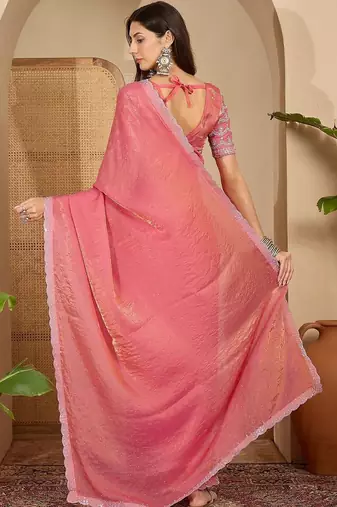 Pink embellished embroidered satin saree