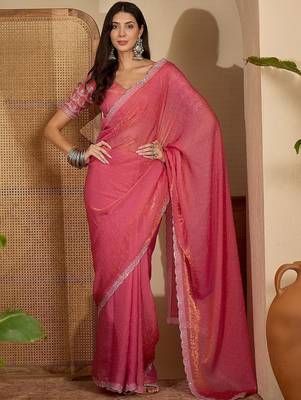 Pink embellished embroidered satin saree 5