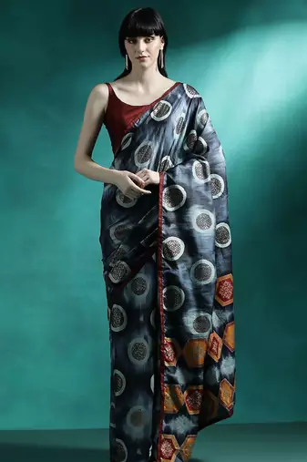Black geometric printed saree with blouse piece