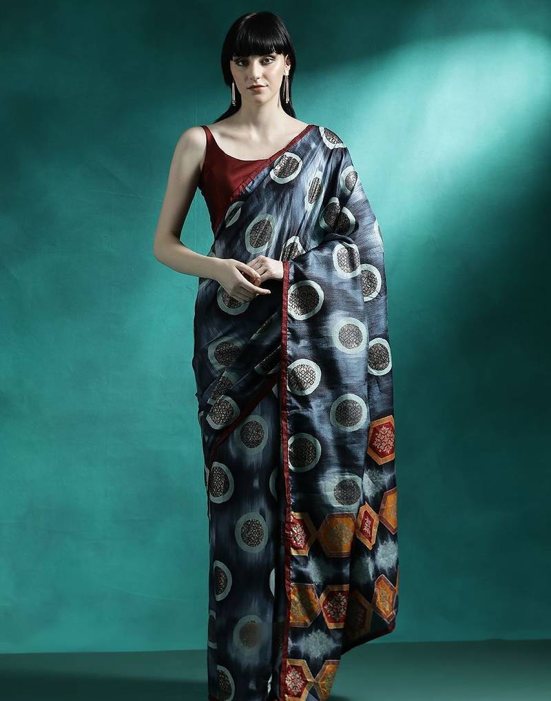 Black geometric printed saree with blouse piece