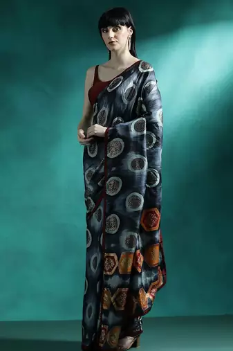Black geometric printed saree with blouse piece