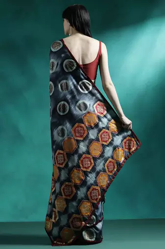 Black geometric printed saree with blouse piece