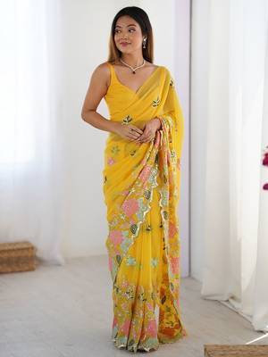 Yellow ethnic embellished saree with matching blouse 1