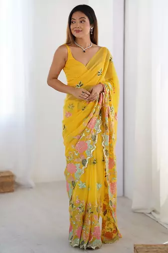 Yellow ethnic embellished saree with matching blouse