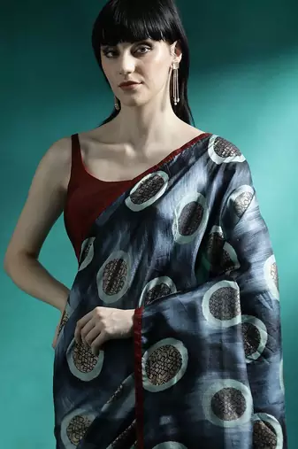 Black geometric printed saree with blouse piece