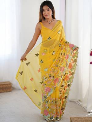 Yellow ethnic embellished saree with matching blouse 2