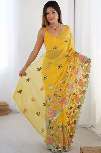 Yellow ethnic embellished saree with matching blouse