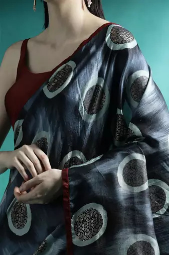 Black geometric printed saree with blouse piece
