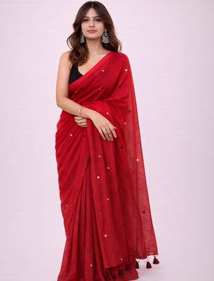 Red handloom khadi cotton traditional mirror work thread tassels sarees 1