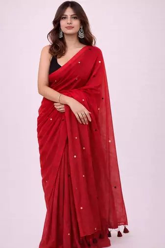 Red handloom khadi cotton traditional mirror work thread tassels sarees