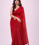 Red handloom khadi cotton traditional mirror work thread tassels sarees