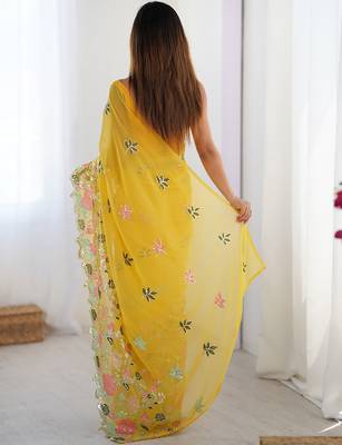 Yellow ethnic embellished saree with matching blouse 3