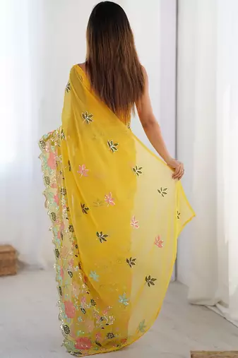 Yellow ethnic embellished saree with matching blouse