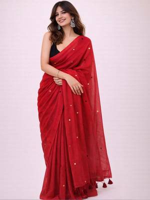 Red handloom khadi cotton traditional mirror work thread tassels sarees 2