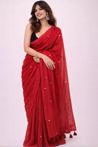 Red handloom khadi cotton traditional mirror work thread tassels sarees