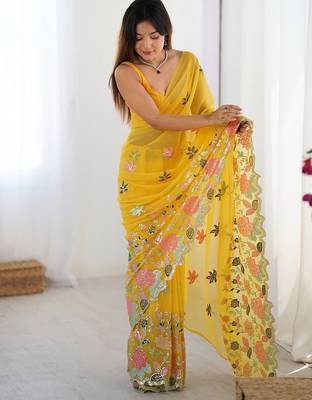 Yellow ethnic embellished saree with matching blouse 4
