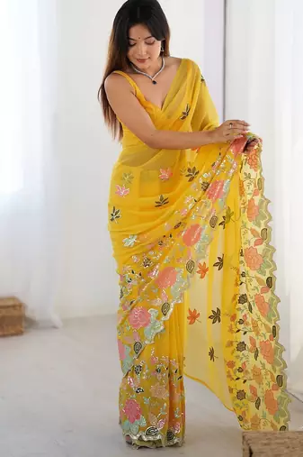 Yellow ethnic embellished saree with matching blouse