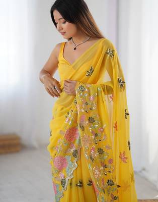 Yellow ethnic embellished saree with matching blouse 5